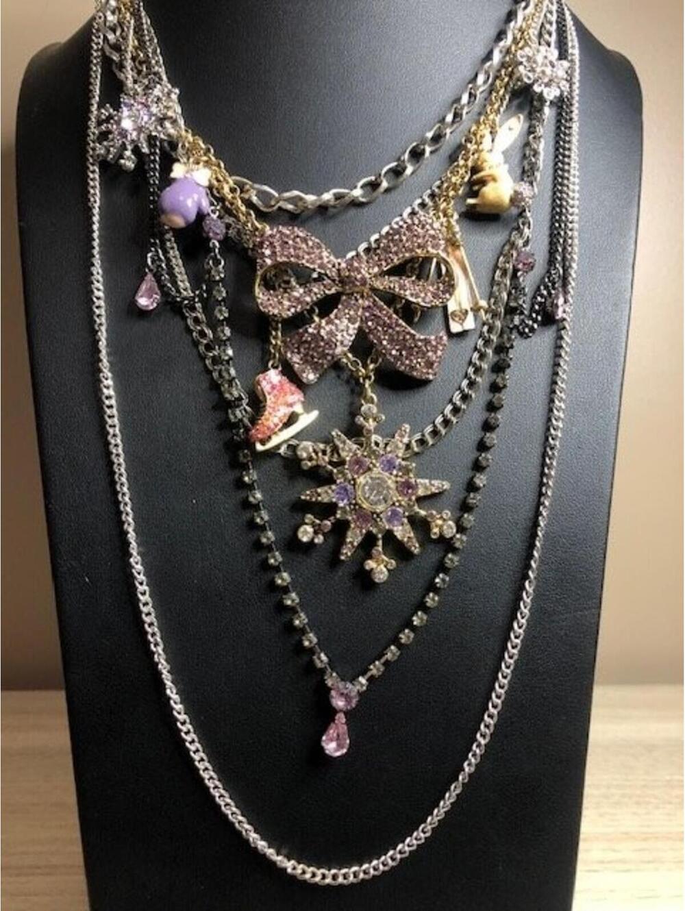 B1791 Betsey Johnson Rare SKI BUNNY Charm Necklace Winter Bow Snowflake